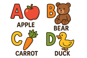 Cute cartoon alphabet with animals and food for kids. ABC flashcards for preschool education. Vector illustration of letters A, B, C, D with apple, bear, carrot, and duck.