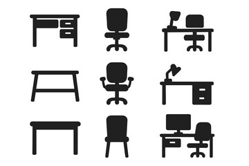 Office furniture silhouette icon set. Vector collection of workspace pictograms. Desk, chair, table, computer and lamp symbols. Business interior element. Isolated illustration.