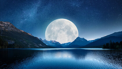 a serene night scene featuring a full moon illuminated behind palm trees