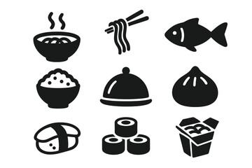 Food and Asian solid icon set, traditional cuisine dishes, noodle, fish, rice, sushi, dumpling, takeout, Asian food vector cartoon illustration with transparent background, ordered set