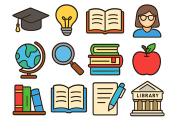 Education and reading icon set. Learning, study, and knowledge symbols. Vector cartoon illustration of school, university, and library elements. Graduation, book, globe icons.