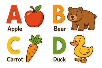 English alphabet for kids education. A, B, C, D letters with cute cartoon apple, bear, carrot, duck. ABC flash cards for children. Learning letters and words. Vector illustration.