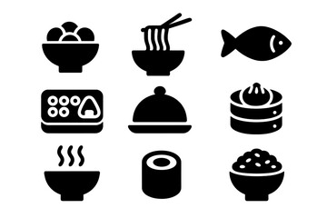 Asian Food Icon Set, Traditional Cuisine Symbols, Noodles, Fish, Rice, Sushi, Dumplings, Hot Soup, Meal Presentation, Vector Illustrations, Solid Style, Transparent Background