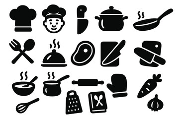 Food and cooking silhouette icon set, culinary chef and meal preparation icons, kitchen utensils and cooking tools vector cartoon illustration with transparent background, ordered set