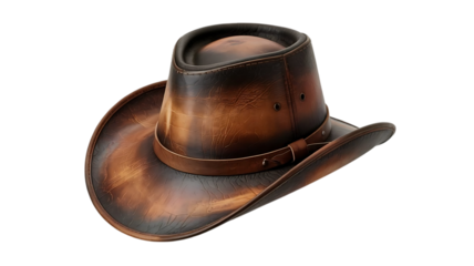 A vintage distressed leather cowboy hat with a wide brim and a decorative band isolated on transparent background