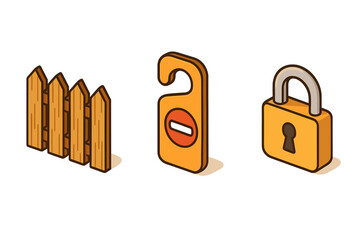 Emotional boundaries isometric icons. Mental health, psychology concept. Personal space, self-care, privacy. Vector fence, do not disturb sign, lock. Limits, protection, burnout.