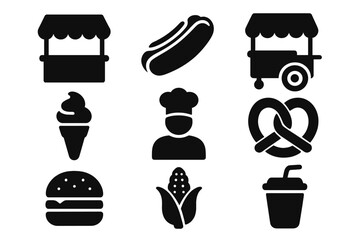 Food and street vendor icon set with market carts, hot dog, pretzel, ice cream, burger, corn, chef, and drink in solid silhouette style, vector cartoon illustration with transparent background