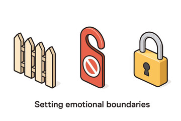 Emotional boundaries isometric icon set. Concept of mental health, self-care, and personal space. Vector illustration of a picket fence, do not disturb sign, and padlock.
