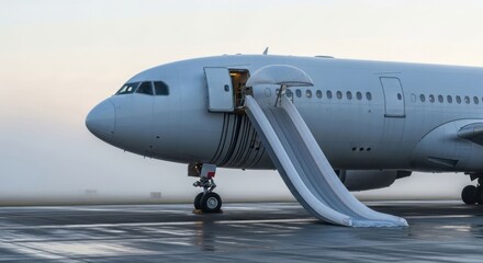 Obraz premium Passenger airplane on tarmac with inflatable evacuation slide deployed. Emergency landing scenario, air accident and crash concept.