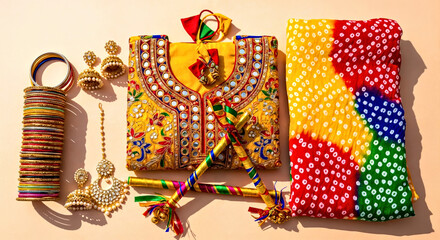 Obraz premium Dandiya Sticks, Women's Dancing Clothes and Accessories Top Down View on Clean Empty Surface 