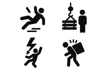 Workplace safety hazard vector icon set. Warning signs for hazardous work conditions. Concepts: falling, slipping, crane danger, electrical shock, heavy lifting injury, back strain.