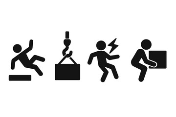 Workplace safety hazard icons set. Warning signs for hazardous work conditions. Danger symbols for falling, slipping, crane, electrical shock, and heavy manual lifting.