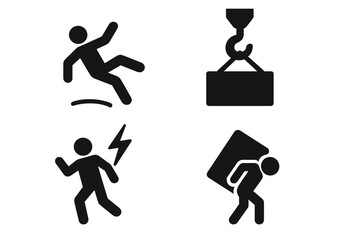 Hazard safety icons set. Workplace safety and warning signs. Slippery floor, falling object, electrical shock and heavy lifting hazard symbols. Occupational health vector.