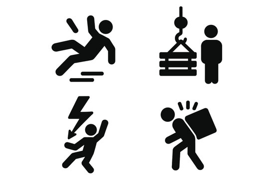 Workplace safety hazard vector icon set. Warning signs for hazardous work conditions. Concepts: falling, slipping, crane danger, electrical shock, heavy lifting injury, back strain.