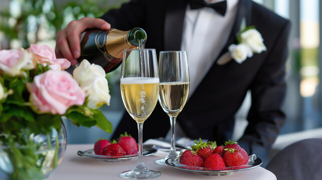Elegant waiter in tuxedo serving champagne with strawberries and roses
