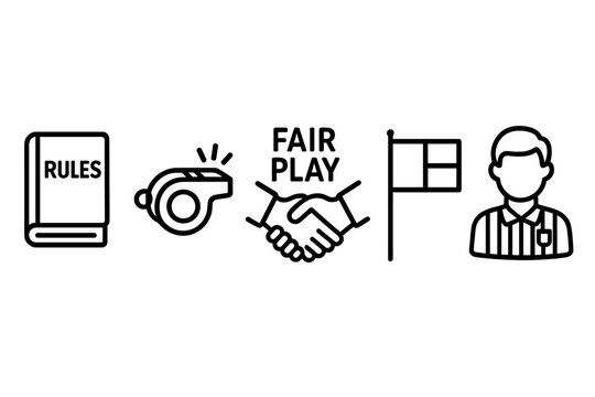 Fair play outline icon set. Vector icons of sports rules, rulebook, whistle, handshake, warning flag, and referee. Concept of sportsmanship, ethics, integrity, and justice.