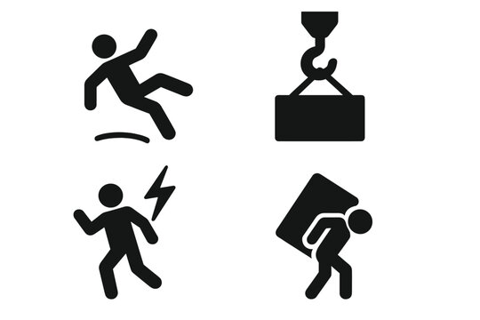 Hazard safety icons set. Workplace safety and warning signs. Slippery floor, falling object, electrical shock and heavy lifting hazard symbols. Occupational health vector.