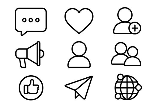 Social media line icon set with communication, interaction, connectivity essentials, user profiles, like, share, messaging, networking symbols, vector cartoon illustration transparent background