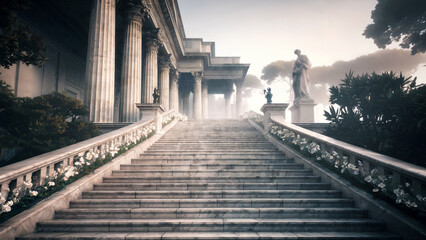 Grand stone staircase leading to a classical building with columns and statues