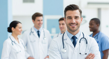 Fototapeta premium Smiling confident male doctor with arms crossed, with a diverse team of doctors blurred in the background