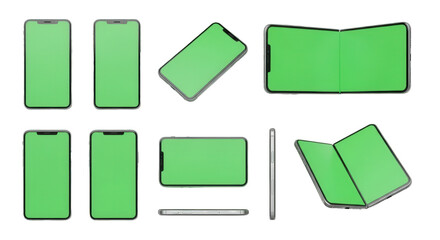 Multiple isolated smartphone mockups with green screens, displayed at various angles and orientations on a white background.