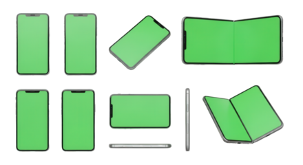 Multiple isolated smartphone mockups with green screens, displayed at various angles and orientations on a white background.