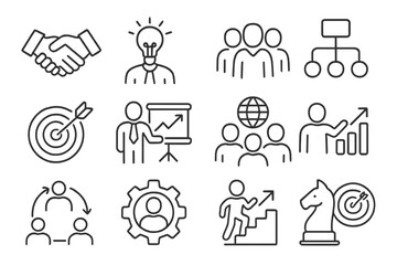 Business line icons set. Vector collection of corporate concepts. Teamwork, strategy, management, growth, goal, idea, success, partnership. Thin line pictogram for infographic.