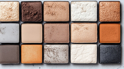 Fototapeta premium Close up of makeup palette featuring various eyeshadow shades neutral tones, showcasing textures