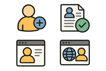 User management icon set for UI design. Vector concepts for new user registration, account creation, ID document verification, and approved online profile. KYC and validation.