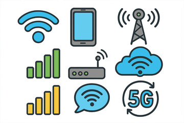 Wireless technology icon set vector. Internet connection and mobile network symbols. 5G, Wi-Fi, signal bar, router, cloud data, and cell tower for communication concepts.