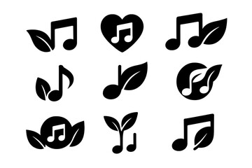 Nature music icon set. Leaf and sound silhouette collection for eco-friendly design. Vector logo template. Organic audio, natural harmony, and environmental melody concept.