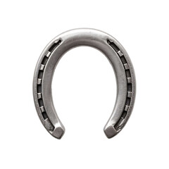 A single metallic horseshoe with nail holes and a textured surface isolated on transparent background