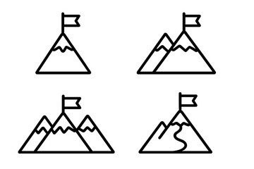 Mountain peak with flag icon set. Symbol of success, achievement, and reaching the goal. Business mission and victory concept. Simple minimal line art vector illustration.