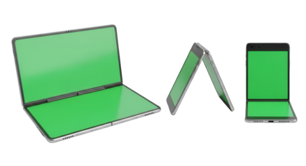 Three views of a foldable laptop/tablet hybrid device with a green screen, showcasing its different configurations.