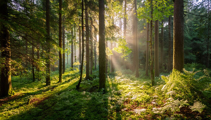 a serene forest scene with sunlight filtering through leaves highlighting roots and greenery