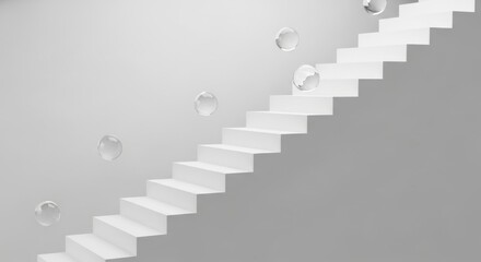 Minimalist White Staircase with Glass Spheres on Gray Background