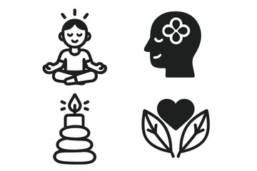 Meditation and Relaxation Icons Set, Filled Solid Mindfulness and Wellness Symbols, Calm and Peaceful Vector Cartoon Illustration with Transparent Background, Ordered Set 2