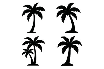 Palm tree silhouette vector icon set. Collection of black isolated tropical palms. Simple graphic elements for summer, beach, vacation, nature, and island design themes.