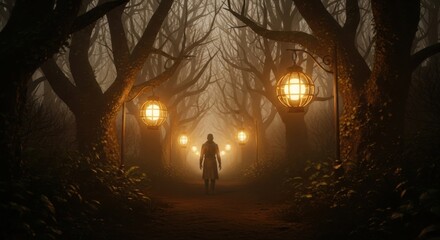 Mysterious Woman Walking Through Foggy Forest Path Illuminated by Vintage Lanterns