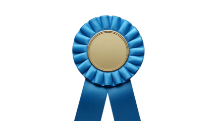A bright blue rosette award ribbon with a golden oval center for personalization isolated on transparent background
