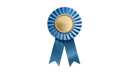 A single blue and gold rosette award ribbon with two flowing streamers isolated on transparent background