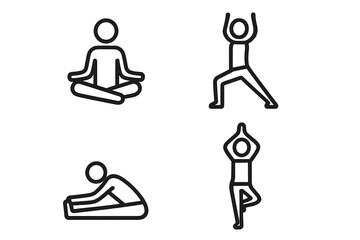 Yoga pose outline icon set showcasing meditation, fitness, stretching, and relaxation in modern line art style, vector cartoon illustration with transparent background, ordered icon collection