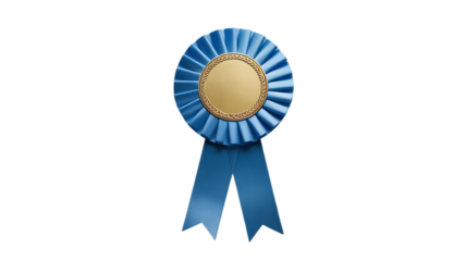 A blue and gold rosette award ribbon with two flowing streamers representing achievement and recognition isolated on transparent background