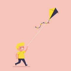 Boy Running, Flying Kite Against A Pink Background Cartoon Vector Image