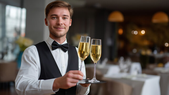 Polite Waiter Bowing While Presenting Champagne Service