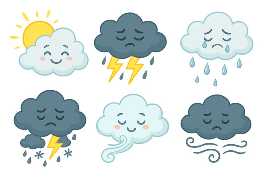 Weather mood vector icon set. Cute cartoon cloud characters with different emotions. Happy sun, sad rain, angry storm, windy day. Meteorology concept illustration for kids.