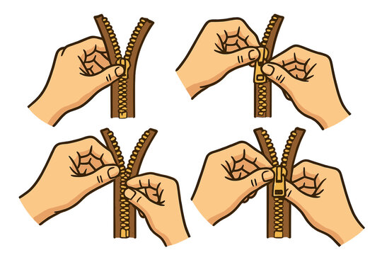 Manual Zipper Repair Techniques with Hand Illustrations, Step-by-Step Guide for Fixing Zippers, Cartoon Vector Set, Transparent Background, Daylight Demonstration