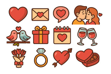 Valentine's day icon set. Love and romance symbols collection. Kissing couple, heart, gift, diamond ring, love letter, flowers, wine, chocolate. Vector cartoon illustration.