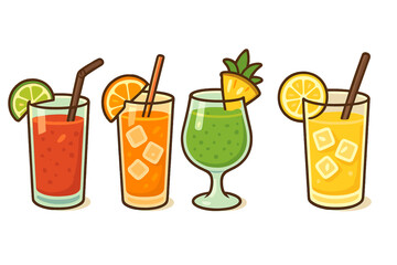 Refreshing Summer Fruit Drinks in Colorful Glasses with Citrus and Pineapple Garnishes, Ice Cubes, and Straws, Vector Cartoon Illustration, Transparent Background, Vibrant Beverage Collection