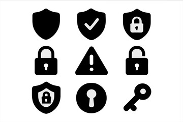 Security and protection solid glyph icon set. Safety, defense, and privacy concept symbols. Vector collection of shield, lock, key, alert, and checkmark signs for web design.